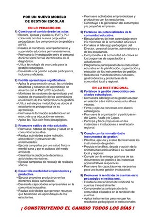 4
POR UN NUEVO MODELO
DE GESTIÓN ESCOLAR
EN LO PEDAGÓGICO:
1) Construye el cambio desde las aulas.
• Elabora, ejecuta y evalúa su PAT y PCI
coherente con las nuevas propuestas
pedagógicas, los compromisos de gestión y
el PEI.
• Realiza el monitoreo, acompañamiento y
supervisión educativa permanentemente.
• Promueve la investigación entre el personal
docente sobre temas identificados en el
diagnóstico.
• Utiliza tecnología de avanzada para la
gestión pedagógica.
• Desarrolla una gestión escolar participativa,
inclusiva y eficiente.
2) Facilita aprendizajes significativos.
• Aplica la programación anual, las unidades
didácticas y sesiones de aprendizaje de
acuerdo con el PAT y PCI aprobado.
• Monitorea las sesiones de aprendizaje y el
sistema de evaluación de los aprendizajes
en el marco de los compromisos de gestión.
• Utiliza estrategias metodológicas donde el
estudiante es protagonista de su
aprendizaje.
• Promueve la formación académica en el
marco de una educación en valores.
• Aplica las TICs con fines pedagógicos.
3) Promueve estilos de vida saludable.
• Promueve hábitos de higiene y salud en la
comunidad educativa.
• Realiza actividades sobre nutrición,
alimentación y prevención de
enfermedades.
• Ejecuta campañas por una salud física y
mental sana y por el cuidado del medio
ambiente.
• Garantiza la práctica de deportes y
actividades recreativas.
• Ejecuta campañas de reciclaje de residuos
sólidos.
4) Desarrolla mentalidad emprendedora y
productiva.
• Ejecuta proyectos productivos en las
diferentes áreas curriculares.
• Desarrolla capacidades empresariales en la
comunidad educativa.
• Realiza actividades que generan recursos
que benefician los aprendizajes de los
estudiantes.
• Promueve actividades emprendedoras y
productivas con los estudiantes.
• Contribuye a la generación del autoempleo
y/o pequeñas empresas.
5) Fortalece las potencialidades de la
comunidad educativa.
• Ejecuta talleres de inter aprendizaje entre
los miembros de la comunidad educativa.
• Fortalece el liderazgo pedagógico del
Director, personal docente, administrativo y
de los estudiantes.
• Compromete a la comunidad educativa en
los programas de capacitación y
actualización.
• Programa la participación de la comunidad
educativa en la planificación, organización y
ejecución de los instrumentos de gestión.
• Rescata las manifestaciones culturales,
gastronómicas y productivas de la
comunidad local y regional.
EN LO INSTITUCIONAL
6) Fortalece la gestión democrática con
aliados estratégicos.
• Demuestra liderazgo en la gestión escolar
en relación a las instituciones educativas
vecinas.
• Firma y ejecuta convenios con aliados
estratégicos.
• Promueve la organización y participación
del Conei, Apafa y/o Copae.
• Participa y hace propuestas en las
instancias e instituciones a nivel local y
regional.
7) Cumple con la normatividad e
instrumentos de gestión.
• Planifica, ejecuta y evalúa técnicamente los
instrumentos de gestión.
• Propicia el análisis, debate y acción de la
normatividad adecuándola a su realidad
local y regional.
• Cumple con la entrega oportuna de los
documentos de gestión a las instancias
administrativas respectivas.
• Promueve las capacitaciones necesarias
para una buena gestión institucional.
8) Promueve la rendición de cuentas en lo
pedagógico e institucional.
• Establece mecanismos de rendición de
cuentas trimestralmente.
• Compromete la participación de la
comunidad educativa en la rendición de
cuentas.
• Aplica instrumentos para recoger los
resultados pedagógicos e institucionales
¡ CONSTRUYENDO EL CAMBIO TODOS LOS DÍAS !
 
