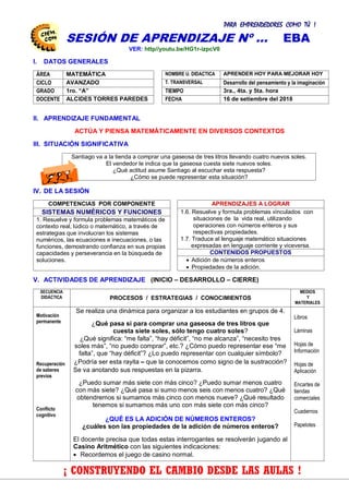 PARA EMPRENDEDORES COMO TÚ !
11
SESIÓN DE APRENDIZAJE Nº … EBA
VER: http//youtu.be/HG1r-izpcV0
I. DATOS GENERALES
ÁREA MATEMÁTICA NOMBRE U. DIDACTICA APRENDER HOY PARA MEJORAR HOY
CICLO AVANZADO T. TRANSVERSAL Desarrollo del pensamiento y la imaginación
GRADO 1ro. “A” TIEMPO 3ra., 4ta. y 5ta. hora
DOCENTE ALCIDES TORRES PAREDES FECHA 16 de setiembre del 2018
II. APRENDIZAJE FUNDAMENTAL
ACTÚA Y PIENSA MATEMÁTICAMENTE EN DIVERSOS CONTEXTOS
III. SITUACIÓN SIGNIFICATIVA
Santiago va a la tienda a comprar una gaseosa de tres litros llevando cuatro nuevos soles.
El vendedor le indica que la gaseosa cuesta siete nuevos soles.
¿Qué actitud asume Santiago al escuchar esta respuesta?
¿Cómo se puede representar esta situación?
IV. DE LA SESIÓN
COMPETENCIAS POR COMPONENTE APRENDIZAJES A LOGRAR
SISTEMAS NUMÉRICOS Y FUNCIONES 1.6. Resuelve y formula problemas vinculados con
situaciones de la vida real, utilizando
operaciones con números enteros y sus
respectivas propiedades.
1.7. Traduce al lenguaje matemático situaciones
expresadas en lenguaje corriente y viceversa.
1. Resuelve y formula problemas matemáticos de
contexto real, lúdico o matemático, a través de
estrategias que involucran los sistemas
numéricos, las ecuaciones e inecuaciones, o las
funciones, demostrando confianza en sus propias
capacidades y perseverancia en la búsqueda de
soluciones.
CONTENIDOS PROPUESTOS
 Adición de números enteros
 Propiedades de la adición.
V. ACTIVIDADES DE APRENDIZAJE (INICIO – DESARROLLO – CIERRE)
SECUENCIA
DIDÁCTICA PROCESOS / ESTRATEGIAS / CONOCIMIENTOS
MEDIOS
Y
MATERIALES
Motivación
permanente
Recuperación
de saberes
previos
Conflicto
cognitivo
Se realiza una dinámica para organizar a los estudiantes en grupos de 4.
¿Qué pasa si para comprar una gaseosa de tres litros que
cuesta siete soles, sólo tengo cuatro soles?
¿Qué significa: “me falta”, “hay déficit”, “no me alcanza”, “necesito tres
soles más”, “no puedo comprar”, etc.? ¿Cómo puedo representar ese “me
falta”, que “hay déficit”? ¿Lo puedo representar con cualquier símbolo?
¿Podría ser esta rayita – que la conocemos como signo de la sustracción?
Se va anotando sus respuestas en la pizarra.
¿Puedo sumar más siete con más cinco? ¿Puedo sumar menos cuatro
con más siete? ¿Qué pasa si sumo menos seis con menos cuatro? ¿Qué
obtendremos si sumamos más cinco con menos nueve? ¿Qué resultado
tenemos si sumamos más uno con más siete con más cinco?
¿QUÉ ES LA ADICIÓN DE NÚMEROS ENTEROS?
¿cuáles son las propiedades de la adición de números enteros?
El docente precisa que todas estas interrogantes se resolverán jugando al
Casino Aritmético con las siguientes indicaciones:
 Recordemos el juego de casino normal.
Libros
Láminas
Hojas de
Información
Hojas de
Aplicación
Encartes de
tiendas
comerciales
Cuadernos
Papelotes
¡ CONSTRUYENDO EL CAMBIO DESDE LAS AULAS !
CENTRODE INVESTIGACIÓN
EDUCATIVAYEMPRESARIAL
CAPACITACIÓN – ASESORÍA – PROYECTOS
 