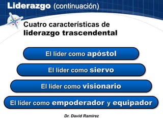 Liderazgo (continuación)
Dr. David Ramírez
Cuatro características de
liderazgo trascendental
El líder como apóstol
El líder como siervo
El líder como visionario
El líder como empoderador y equipador
 