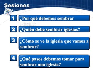 Sesiones
1 ¿Por qué debemos sembrar
iglesias?
2 ¿Quién debe sembrar iglesias?
3 ¿Cómo se ve la iglesia que vamos a
sembrar?
4 ¿Qué pasos debemos tomar para
sembrar una iglesia?
 