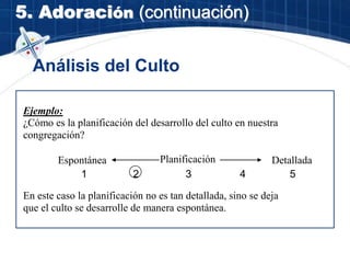 5. Adoración (continuación)
Análisis del Culto
Ejemplo:
¿Cómo es la planificación del desarrollo del culto en nuestra
congregación?
En este caso la planificación no es tan detallada, sino se deja
que el culto se desarrolle de manera espontánea.
Espontánea Planificación Detallada
1 2 3 4 5
 