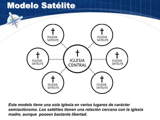 Modelo Satélite
Este modelo tiene una sola iglesia en varios lugares de carácter
semiautónomo. Los satélites tienen una relación cercana con la iglesia
madre, aunque poseen bastante libertad.
 