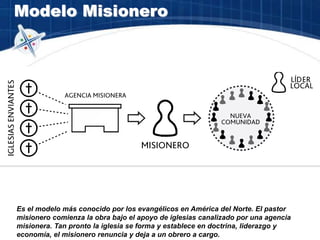 Modelo Misionero
Es el modelo más conocido por los evangélicos en América del Norte. El pastor
misionero comienza la obra bajo el apoyo de iglesias canalizado por una agencia
misionera. Tan pronto la iglesia se forma y establece en doctrina, liderazgo y
economía, el misionero renuncia y deja a un obrero a cargo.
 