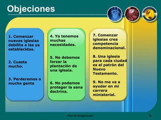 Objeciones 1. Comenzar nuevas  i glesias debilita a las ya establecidas. 2. Cuesta mucho. 3. Perderemos a mucha gente 7. Comenzar iglesias crea competencia denominacional. 8. Una iglesia para cada ciudad es el patrón del Nuevo Testamento. 9. No me va a ayudar en mi carrera ministerial. 4. Ya tenemos muchas necesidades. 5. No debemos forzar la plantación de una iglesia. 6. No podemos proteger la sana doctrina. 