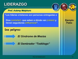 LIDERAZGO Prof. Aubrey Malphurs “ Los líderes cristianos son personas entregadas a  Dios  (carácter),  que saben a dónde van  (visión)  y tienen seguidores  (influencia) ”. Dos peligros: El Síndrome de Mesías El Sembrador “Todólogo” Ejemplo: Pablo 