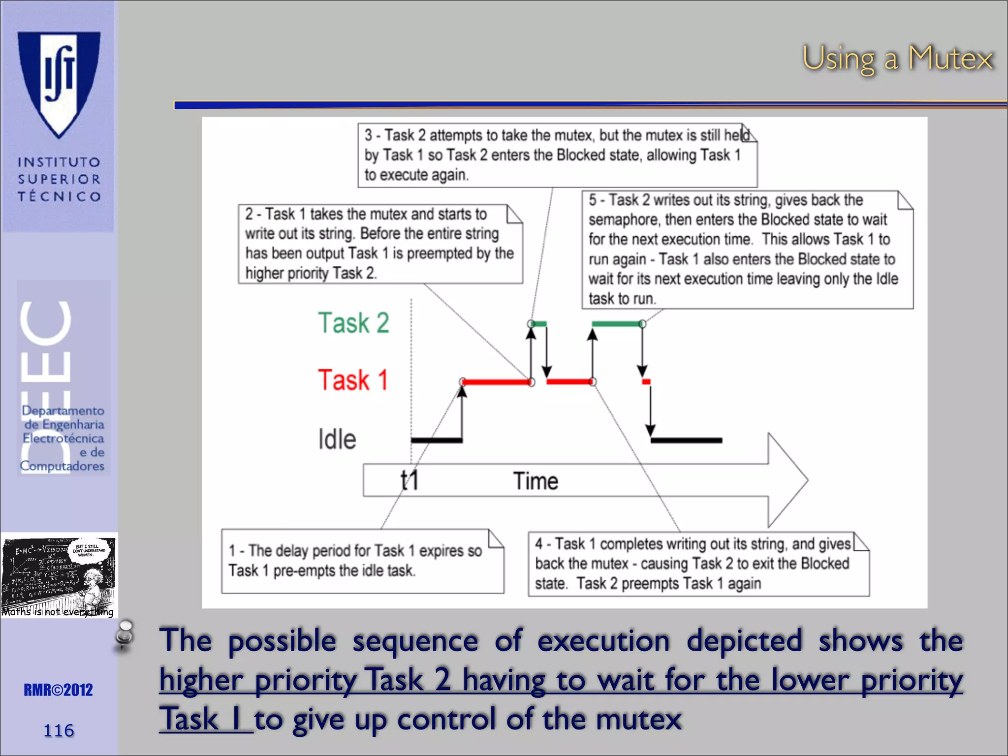 Using a Mutex

Maths is not everything

RMR©2012

116

The possible sequence of execution depicted shows the
higher priority Task 2 having to wait for the lower priority
Task 1 to give up control of the mutex

 