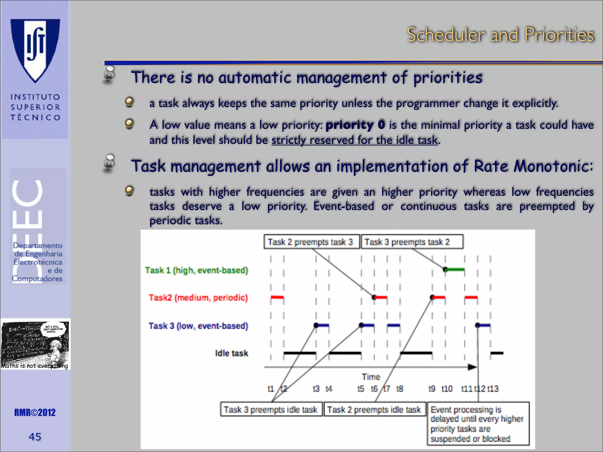 Scheduler and Priorities
There is no automatic management of priorities
a task always keeps the same priority unless the programmer change it explicitly.
A low value means a low priority: priority 0 is the minimal priority a task could have
and this level should be strictly reserved for the idle task.

Task management allows an implementation of Rate Monotonic:
tasks with higher frequencies are given an higher priority whereas low frequencies
tasks deserve a low priority. Event­based or continuous tasks are preempted by
periodic tasks.

Maths is not everything

RMR©2012

45

 