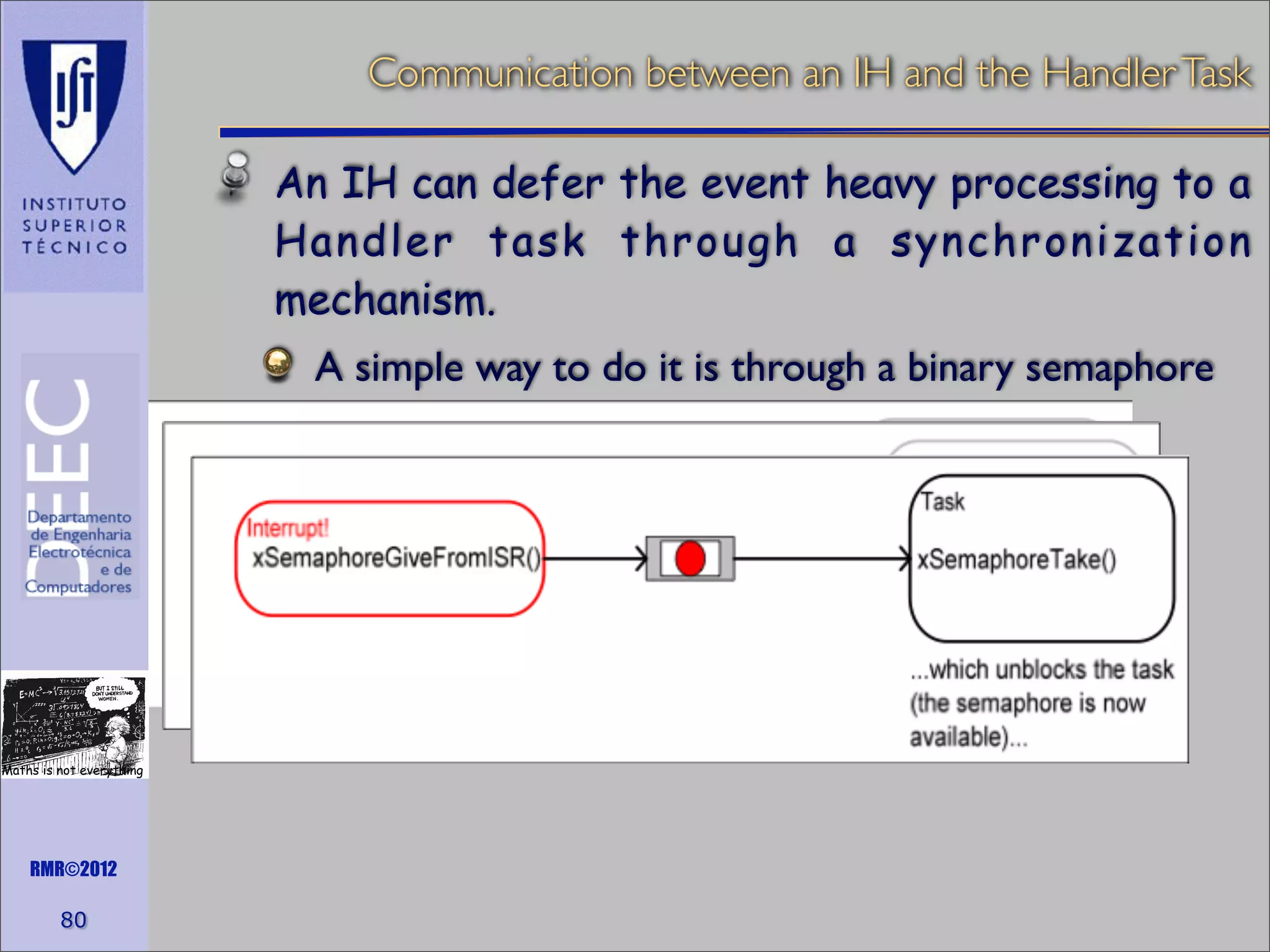 Communication between an IH and the Handler Task
An IH can defer the event heavy processing to a
Handler task through a synchronization
mechanism.
A simple way to do it is through a binary semaphore

Maths is not everything

RMR©2012

80

 