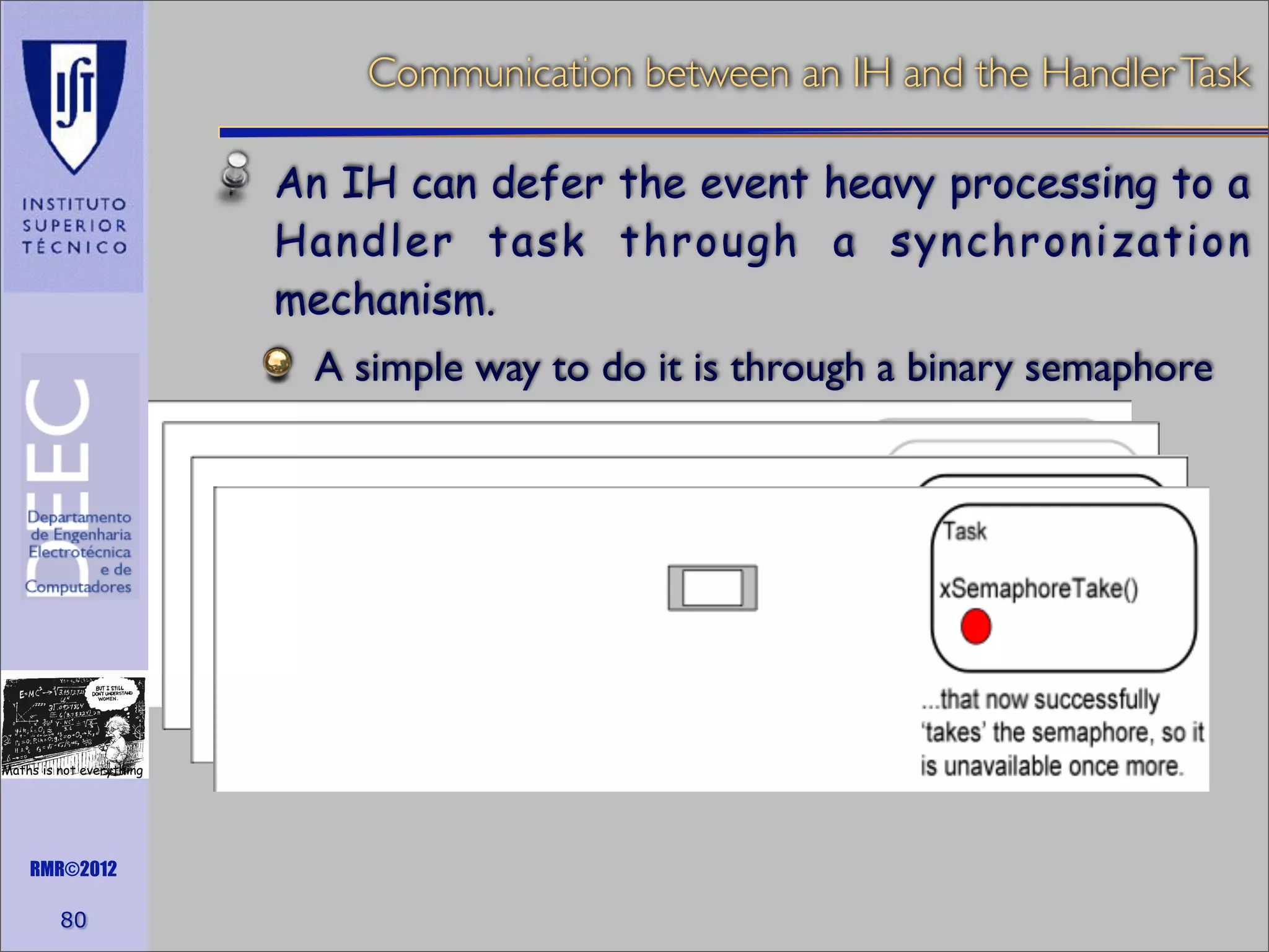 Communication between an IH and the Handler Task
An IH can defer the event heavy processing to a
Handler task through a synchronization
mechanism.
A simple way to do it is through a binary semaphore

Maths is not everything

RMR©2012

80

 