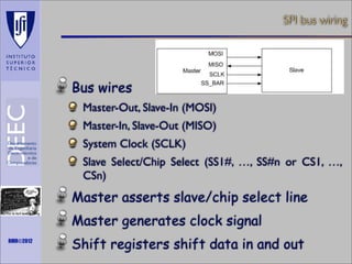 SPI bus wiring

Bus wires
Master-Out, Slave-In (MOSI)
Master-In, Slave-Out (MISO)
System Clock (SCLK)
Slave Select/Chip Select (SS1#, …, SS#n or CS1, …,
CSn)

Master asserts slave/chip select line
Maths is not everything

RMR©2012

Master generates clock signal
Shift registers shift data in and out

 