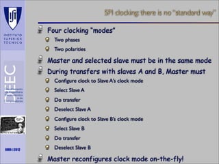 SPI clocking: there is no “standard way”
Four clocking “modes”
Two phases
Two polarities

Master and selected slave must be in the same mode
During transfers with slaves A and B, Master must
Conﬁgure clock to Slave A’s clock mode
Select Slave A
Do transfer
Deselect Slave A
Conﬁgure clock to Slave B’s clock mode
Maths is not everything

Select Slave B
Do transfer

RMR©2012

Deselect Slave B

Master reconfigures clock mode on-the-fly!

 