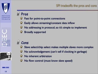 SPI tradeoffs: the pros and cons

Pros
Fast for point-to-point connections
Easily allows streaming/constant data inﬂow
No addressing in protocol, so it’s simple to implement
Broadly supported

Cons
Slave select/chip select makes multiple slaves more complex
No acknowledgement (can’t tell if clocking in garbage)
No inherent arbitration
Maths is not everything

RMR©2012

18

No ﬂow control (must know slave speed)

 