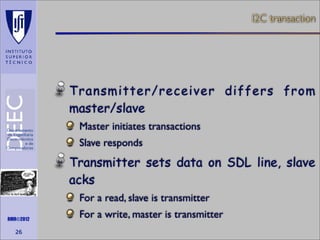 I2C transaction

Transmitter/receiver differs from
master/slave
Master initiates transactions
Slave responds

Transmitter sets data on SDL line, slave
acks
Maths is not everything

RMR©2012

26

For a read, slave is transmitter
For a write, master is transmitter

 