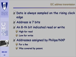 I2C address transmission

Data is always sampled on the rising clock
edge
Address is 7 bits
An 8-th bit indicated read or write
High for read
Low for write

Addresses assigned by Philips/NXP
Maths is not everything

For a fee
Was covered by patent

RMR©2012

28

 