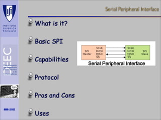 Serial Peripheral Interface

What is it?
Basic SPI
Capabilities
Protocol
Maths is not everything

RMR©2012

Pros and Cons
Uses

Serial Peripheral Interface

 