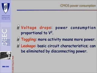 CMOS power consumption

Voltage drops: power consumption
proportional to V2.
Toggling: more activity means more power.

Maths is not everything

RMR©2012

© 2008 Wayne Wolf

Leakage: basic circuit characteristics; can
be eliminated by disconnecting power.

 