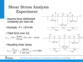 7Peak shear stress distribution in finite element models of concrete slabs
Shear Stress Analysis
Experiment
• Assume force distributed
constantly per load cell
• Example: P = 1314 kN
• Total force over 2dl
• Resulting shear stress
,2
86 mm
3 2 4 580 kN
358 mm
tot dF FS FS FS
,2
2 2 2
580 kN
4.13 MPa
2 2 265 mm
tot d
d
l
F
d
 