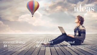 ideas
The	
  power	
  of	
  
After listening closely to everyone’s
needs, use the knowledge and
experience of the teams to carefully craft
a strategy that'll benefit all teams and
where all teams participate.
01
.
Allocate tasks and milestones according
to the teams’ skills and capabilities and
have regular brainstorming  reporting
sessions
02
.
Measure results across the board and in
individual teams and apply learnings to
make the project scalable
03
.
common strategy development result
 