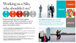 vision
Organizational silos don't just appear
spontaneously. They're created by a mix of
mindset, culture, and process factors that
many associations share.
ü  Working in silos make any cross-platform ideas too far fetched as they involve
far too many stakeholders to get off the ground
ü  Opportunities are missed when information is not shared or it’s lost in processes
ü  People in teams can’t be developed to their full potential if they are limited in
things they can do within a content marketing strategy
ü  SEO, PPC, Social Media, Email, PR… what do they mean other than marketing
initiatives for brand positioning and customer acquisition.
0
5
0
4
0
3
0
2
0
1
passion
creativeWorking as a Silo,
why shouldn't we?
An efficient team believes in the
power of strategic design thinking
coupled with hands on execution and is
not limited by structures or processes
ü  Think of overlapping actions as opportunities for efficient initiatives: i.e.
Blogger outreach helps both PR and SEO
 