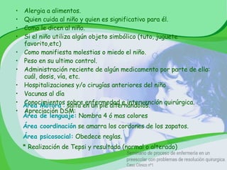 Alergia a alimentos. Quien cuida al niño y quien es significativo para él. Como le dicen al niño. Si el niño utiliza algún objeto simbólico (tuto, juguete favorito,etc) Como manifiesta molestias o miedo el niño. Peso en su ultimo control. Administración reciente de algún medicamento por parte de ella: cuál, dosis, vía, etc. Hospitalizaciones y/o cirugías anteriores del niño Vacunas al día Conocimientos sobre enfermedad e intervención quirúrgica. Apreciación DSM: Área Motora  :  salta en un pie alternándolos. Área de lenguaje:  Nombra 4 ó mas colores Área coordinación  se amarra los cordones de los zapatos. Área psicosocial:  Obedece reglas. * Realización de Tepsi y resultado (normal o alterado) 