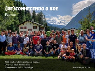 O KDE no mundo
@andradesandro
(Re)conhecendo o KDE
Pessoas
3000 colaboradores em todo o mundo
Quase 20 anos de existência
20.000.000 de linhas de código Fonte: Open HUB
 