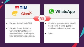 ● Ilimitado quando usado na wifi,
baixo custo mesmo quando
usado na rede das operadoras.
● VOIP.
● Pacotes limitados de SMS.
● Pacotes de voz limitados.
Geralmente “vantajosos”
apenas quando usados para
ligar para mesma operadora.
 