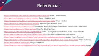 https://martinfowler.com/ieeeSoftware/whoNeedsArchitect.pdf (Artigo - Martin Fowler)
http://www.manifestoagil.com.br/principios.html (Paper - Manifesto Ágil)
https://dextra.com.br/pt/blog/3-tecnologias-para-transformacao-digital (Artigo - Dextra)
https://pt.slideshare.net/geekle/devops-5348895 (Apresentação - Matthew Jones)
https://slideplayer.com.br/slide/15781996 (“Succeeding with Agile: Software Development Using Scrum” – Mike Cohn)
https://pt.wikipedia.org/wiki/Eliud_Kipchoge (Biograﬁa - Eliud Kipchoge)
https://www.youtube.com/watch?v=DngAZyWMGR0 (Vídeo - Making Architecture Matter - Martin Fowler Keynote)
https://www.youtube.com/watch?v=VEPwR4Hpi7M&t=25s (Vídeo - Evolutionary Architecture - Venkat)
https://www.thoughtworks.com/insights/blog/microservices-evolutionary-architecture (Artigo - Neal e Rebecca)
https://pt.slideshare.net/andrepaulovich/devday2018-arquitetura-de-software-num-cenrio-de-incertezas (André Paulovich)
https://pt.wikipedia.org/wiki/WD-40 (Artigo - Wikipedia)
https://elearningchips.com/blog/2016/05/26/how-to-speak-without-words-secrets-of-non-verbal-communication (Artigo)
 