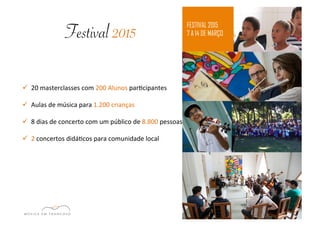 Festival 2015 FESTIVAL 2015 
7 A 14 DE MARÇO 
ü 20 
masterclasses 
com 
200 
Alunos 
parEcipantes 
ü Aulas 
de 
música 
para 
1.200 
crianças 
ü 8 
dias 
de 
concerto 
com 
um 
público 
de 
8.800 
pessoas 
ü 2 
concertos 
didáEcos 
para 
comunidade 
local 
 