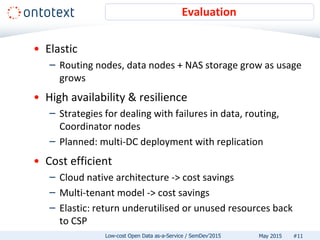 • Elastic
– Routing nodes, data nodes + NAS storage grow as usage
grows
• High availability & resilience
– Strategies for dealing with failures in data, routing,
Coordinator nodes
– Planned: multi-DC deployment with replication
• Cost efficient
– Cloud native architecture -> cost savings
– Multi-tenant model -> cost savings
– Elastic: return underutilised or unused resources back
to CSP
Evaluation
#11May 2015Low-cost Open Data as-a-Service / SemDev’2015
 