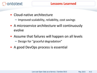 • Cloud-native architecture
– Improved scalability, reliability, cost savings
• A microservice architecture will continuously
evolve
• Assume that failures will happen on all levels
– Design for “graceful degradation”
• A good DevOps process is essential
Lessons Learned
#13May 2015Low-cost Open Data as-a-Service / SemDev’2015
 