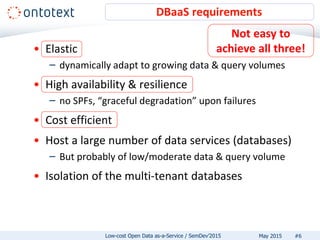 • Elastic
– dynamically adapt to growing data & query volumes
• High availability & resilience
– no SPFs, “graceful degradation” upon failures
• Cost efficient
• Host a large number of data services (databases)
– But probably of low/moderate data & query volume
• Isolation of the multi-tenant databases
DBaaS requirements
#6May 2015Low-cost Open Data as-a-Service / SemDev’2015
Not easy to
achieve all three!
 