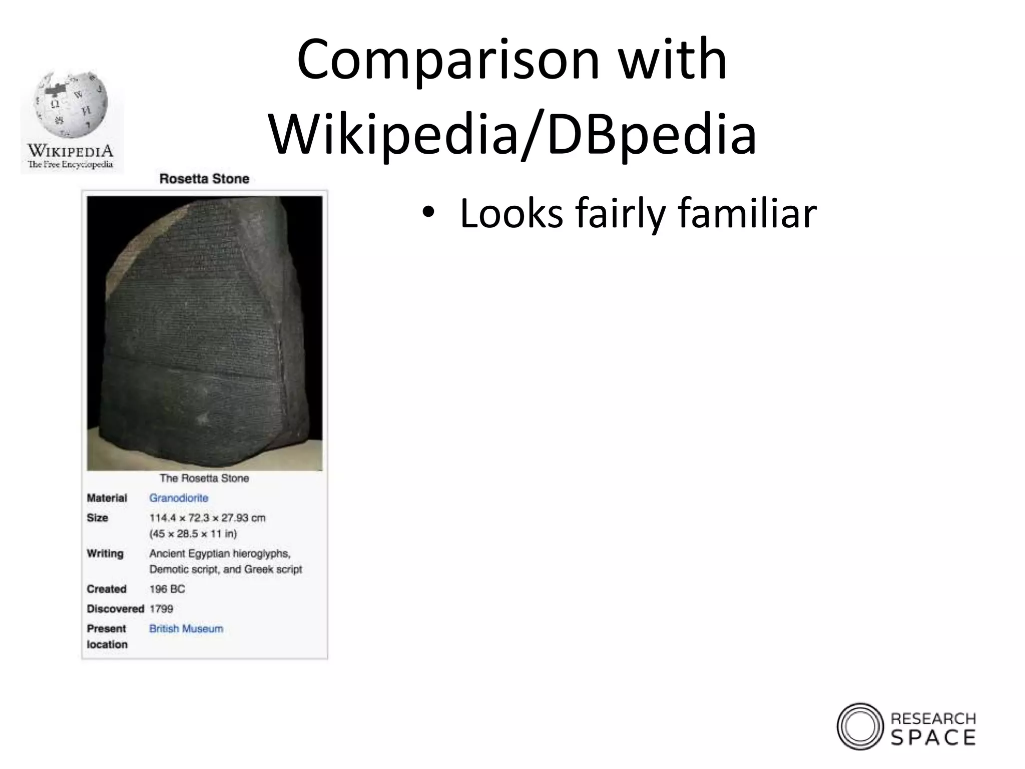 Comparison with
Wikipedia/DBpedia
• Looks fairly familiar
 