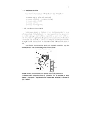14
3.2.1.1- Semeadores mecânicos
Estes sistemas são caracterizados em função do elemento de distribuição em:
- semeadores de tambor vertical, ou de rotor vertical;
- semeadores de distribuidor em estrela ou prato oblíquo;
- semeadores de prato horizontal;
- semeadores de correia;
- semeadores de correias paralelas.
3.2.1.1.1- Semeadores de tambor vertical
Este semeador apresenta um distribuidor em forma de cilindro estreito que tem na sua
periferia uma série de alvéolos, ligados entre si por uma ranhura circular contínua, que se enchem
por gravidade na passagem pela tremonha e um pequeno rolo que roda no mesmo sentido que o
prato eliminando assim os grãos a mais. Os grãos a semear são automaticamente libertados na
extremidade do carter de retenção, na parte mais baixa do trajecto. Para evitar o encaixe eventual
de um grão no fundo do alvéolo, existe um dedo ejector, mantido no fundo da ranhura por uma
mola.
Este semeador é essencialmente utilizado para sementes de beterraba com grãos
revestidos de forma muito regular o que lhe permite uma boa precisão.
Figura 9- Esquema de funcionamento de um semeador monogrão de tambor vertical.
A- Vista em corte B- Pormenor do tambor 1- Tremonha 2- Local de alimentação 3- Tambor
alveolado 4- Dedo ejector 5- Rolo para eliminar os duplos 6- Carter de retenção 7- Libertação dos
grãos 8- Alvéolo
 