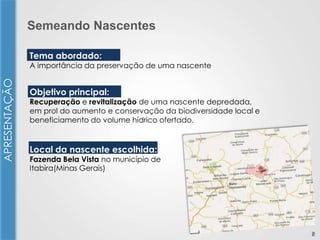 Semeando Nascentes
Tema abordado:

APRESENTAÇÃO

A importância da preservação de uma nascente

Objetivo principal:

Recuperação e revitalização de uma nascente depredada,
em prol do aumento e conservação da biodiversidade local e
beneficiamento do volume hídrico ofertado.

Local da nascente escolhida:

Fazenda Bela Vista no município de
Itabira(Minas Gerais)

2

 