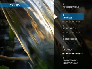 AGENDA

1.
APRESENTAÇÃO
2.
HIPÓTESE

3.
RESULTADOS
4.
CONCLUSÕES
5.
DESAFIOS
6.
PROPOSTA DE
INTERVENÇÃO

 