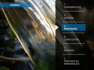 AGENDA

1.
APRESENTAÇÃO
2.
HIPÓTESE

3.
RESULTADOS
4.
CONCLUSÕES
5.
DESAFIOS
6.
PROPOSTA DE
INTERVENÇÃO

 