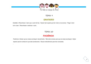 4
TEMA 9
GRATIDÃO
Gratidão é: Reconhecer o bem que o outro lhe faz. / Querer bem aquele que tem muito a nos ensinar. / Pagar o bem
com o bem. / Reconhecer e valorizar o outro.
TEMA 10
PACIÊNCIA
Paciência é: Deixar que as coisas aconteçam naturalmente. / Não estar ansioso para que as coisas aconteçam. /Saber
esperar para ter certeza do que está acontecendo. / Buscar entendimento para tirar conclusões.
:
 