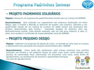 Objetivo: Estruturar um programa de apadrinhamento escolar para as crianças do SEMEAR.

Desenvolvimento: Será realizado um mapeamento das empresas localizadas em Porto
Alegre, após o contato e definida as diretrizes do projeto, esta empresa, seleciona o seu
apadrinhado através de um mailing de crianças em idade escolar que participam dos
projetos desenvolvidos pelo Semear,          realizando doações de materiais para seu
desenvolvimento escolar. Cada doação realizada, vale um selo para empresa, a cada 12
selos, esta receberá o certificado de responsabilidade social do SEMEAR.




Objetivo: Implantar um programa de adoção de cartas no período de natal, para as crianças
e adolescentes que participam dos projetos desenvolvidos pelo SEMEAR

Desenvolvimento: Coma ajuda dos professores cada criança escreverá uma cartinha
contando sua história e seu pequeno desejo de natal, estas cartas serão enviadas para
pessoas da comunidade local, interessadas em presentear uma carta, como forma de
agradecimento, no recebimento do presente o apadrinhado entregará
sua carta de agredecimento.
 