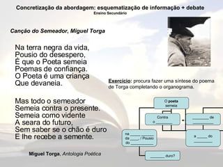 Na terra negra da vida, Pousio do desespero, É que o Poeta semeia Poemas de confiança. O Poeta é uma criança Que devaneia. Mas todo o semeador Semeia contra o presente. Semeia como vidente A seara do futuro, Sem saber se o chão é duro E lhe recebe a semente. Miguel Torga ,  Antologia Poética Exercício :  procura fazer uma síntese do poema de Torga completando o organograma. Concretização da abordagem: esquematização de informação + debate Ensino Secundário Canção do Semeador ,  Miguel Torga O  poeta semeia Contra o ________ ________ de __________ na _____ ______ da ____, / Pousio do ___________ a _____ do _________ _______ duro? 