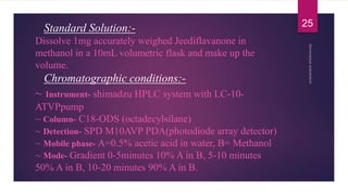 Standard Solution:-
Dissolve 1mg accurately weighed Jeediflavanone in
methanol in a 10mL volumetric flask and make up the
volume.
Chromatographic conditions:-
~ Instrument- shimadzu HPLC system with LC-10-
ATVPpump
~ Column- C18-ODS (octadecylsilane)
~ Detection- SPD M10AVP PDA(photodiode array detector)
~ Mobile phase- A=0.5% acetic acid in water, B= Methanol
~ Mode- Gradient 0-5minutes 10% A in B, 5-10 minutes
50% A in B, 10-20 minutes 90% A in B.
25
 