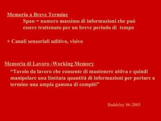 Memoria a Breve Termine
Span = numero massimo di informazioni che può
essere trattenuto per un breve periodo di tempo
+ Canali sensoriali uditivo, visivo
Memoria di Lavoro -Working Memory
“Tavolo da lavoro che consente di mantenere attiva e quindi
manipolare una limitata quantità di informazioni per portare a
termine una ampia gamma di compiti”
Baddeley 86-2003
 