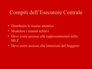 Compiti dell’Esecutore Centrale
• Distribuire le risorse attentive
• Modulare i sistemi schiavi
• Deve avere accesso alle rappresentazioni nella
MLT
• Deve avere accesso alle intenzioni del Soggetto
 