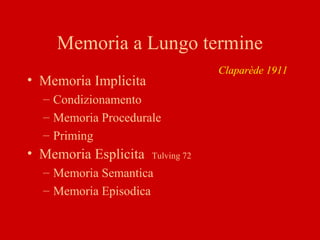 Memoria a Lungo termine
• Memoria Implicita
– Condizionamento
– Memoria Procedurale
– Priming
• Memoria Esplicita Tulving 72
– Memoria Semantica
– Memoria Episodica
Claparède 1911
 