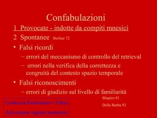 Confabulazioni
1 Provocate - indotte da compiti mnesici
2 Spontanee Berline 72
• Falsi ricordi
– errori del meccanismo di controllo del retrieval
– errori nella verifica della correttezza e
congruità del contesto spazio temporale
• Falsi riconoscimenti
– errori di giudizio sul livello di familiarità
Corteccia Prefrontale>>Filtro
Attivazione regioni posteriori
Shapiro 81
Della Barba 93
 