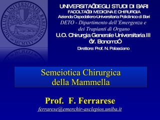 Semeiotica Chirurgica della Mammella Prof.  F. Ferrarese [email_address] UNIVERSITA’ DEGLI STUDI DI BARI FACOLTA’ DI MEDICINA E CHIRURGIA Azienda Ospedaliero-Universitaria Policlinico di Bari DETO - Dipartimento dell’Emergenza e  dei Trapianti di Organo U.O. Chirurgia Generale Universitaria III  “ V. Bonomo” Direttore: Prof. N. Palasciano   