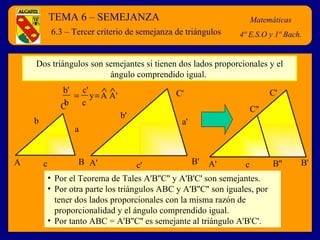 TEMA 6 – SEMEJANZA Matemáticas 4º E.S.O y 1º Bach. 6.3 – Tercer criterio de semejanza de triángulos Dos triángulos son sem...