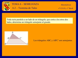 TEMA 6 – SEMEJANZA Matemáticas 4º E.S.O y 1º Bach. 6.2 – Teorema de Tales Toda recta paralela a un lado de un triángulo, que corta a los otros dos lados, determina un triángulo semejante al grande.  Los triángulos ABC y AB'C' son semejantes 