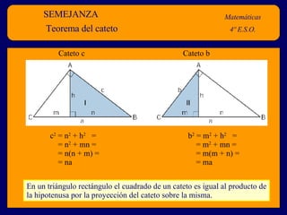 SEMEJANZA Matemáticas 4º E.S.O. Teorema del cateto Cateto c Cateto b c 2  = n 2  + h 2   = = n 2  + mn = = n(n + m) = = na b 2  = m 2  + h 2   = = m 2  + mn = = m(m + n) = = ma En un triángulo rectángulo el cuadrado de un cateto es igual al producto de la hipotenusa por la proyección del cateto sobre la misma. 