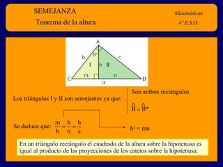 SEMEJANZA Matemáticas 4º E.S.O. Teorema de la altura Los triángulos I y II son semejantes ya que: Se deduce que:  En un triángulo rectángulo el cuadrado de la altura sobre la hipotenusa es igual al producto de las proyecciones de los catetos sobre la hipotenusa. h 2  = mn Son ambos rectángulos    B  B*     