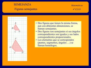 SEMEJANZA Matemáticas 4º E.S.O  Figuras semejantes Dos figuras que tienen la misma forma, aun con diferentes dimensiones, se llaman semejantes. Dos figuras son semejantes si sus ángulos correspondientes son iguales y sus lados correspondientes proporcionales. Los elementos que se corresponden (puntos, segmentos, ángulos …) se llaman homólogos. 